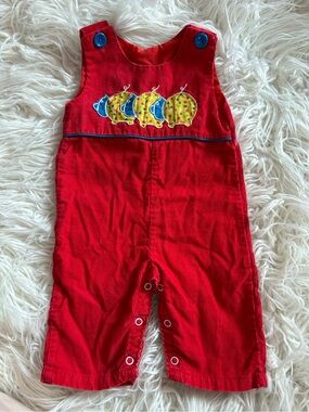 VTG 70s JCPenney Toddletime Red Corduroy Overalls Caterpillar Applique 1/2